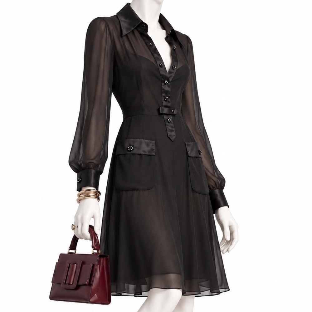 JENNIFER CHUN 100% Silk Black Utility Shirt Dress Satin Trim Made USA | Sz 6